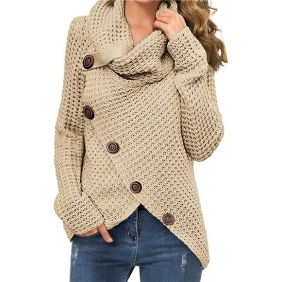 Womens Chunky Knit Sweater Turtleneck Long Sleeve Pullover Loose Asymmetric Top - Picture 1 of 7